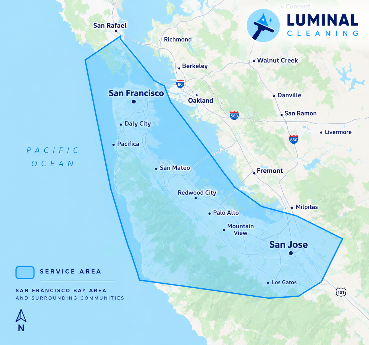 Luminal Cleaning service area map showing the San Francisco Bay Area, including San Francisco, the Peninsula, East Bay, and South Bay, outlined in blue.
